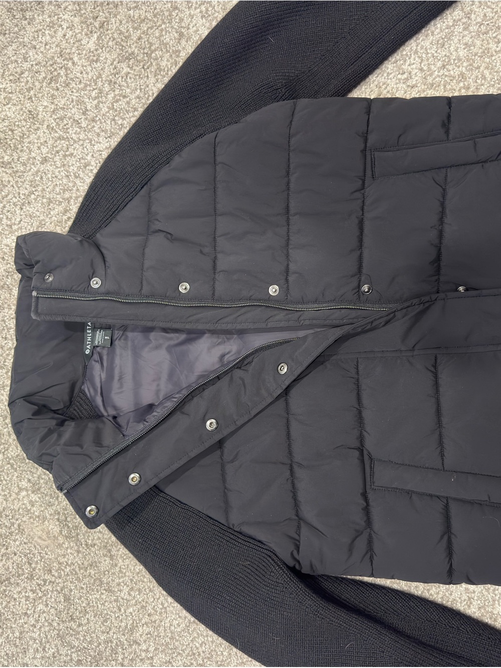 Athleta Black Quilted Jacket with Knit Collar